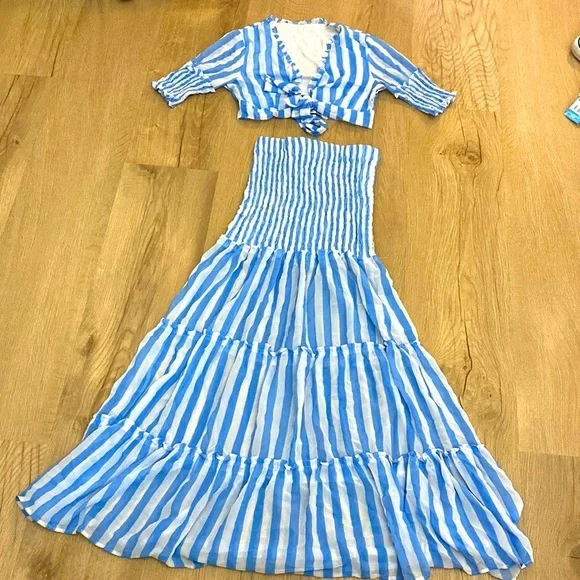 Blue striped two piece cover up with maxi high waisted skirt - Picture 1 of 6